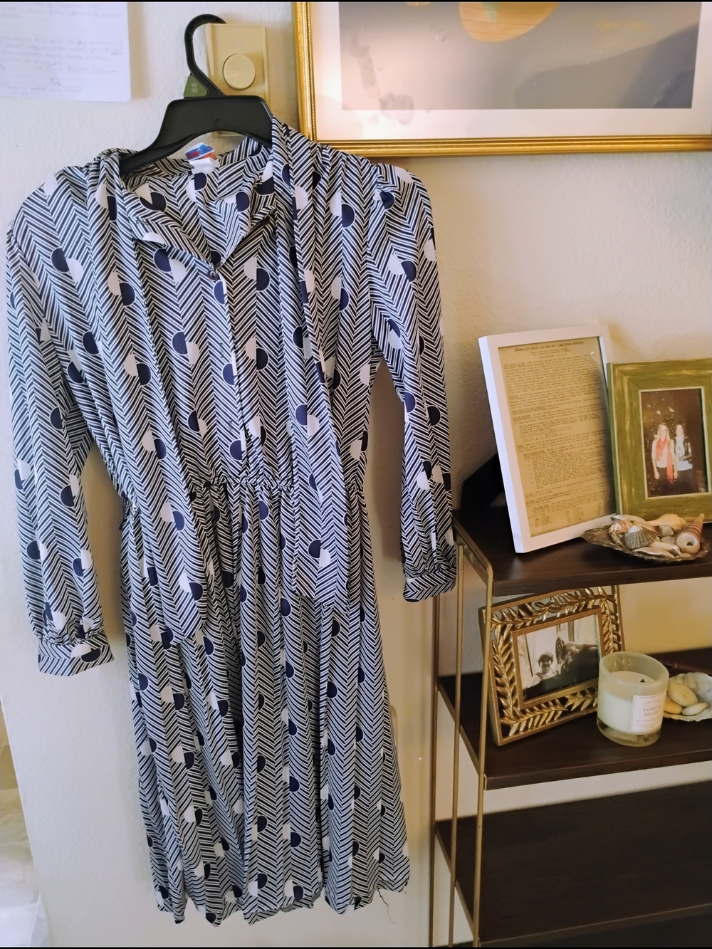 Vintage Ajax Navy and White Chevron & Dot Long-Sleeve Midi Dress Size 10P